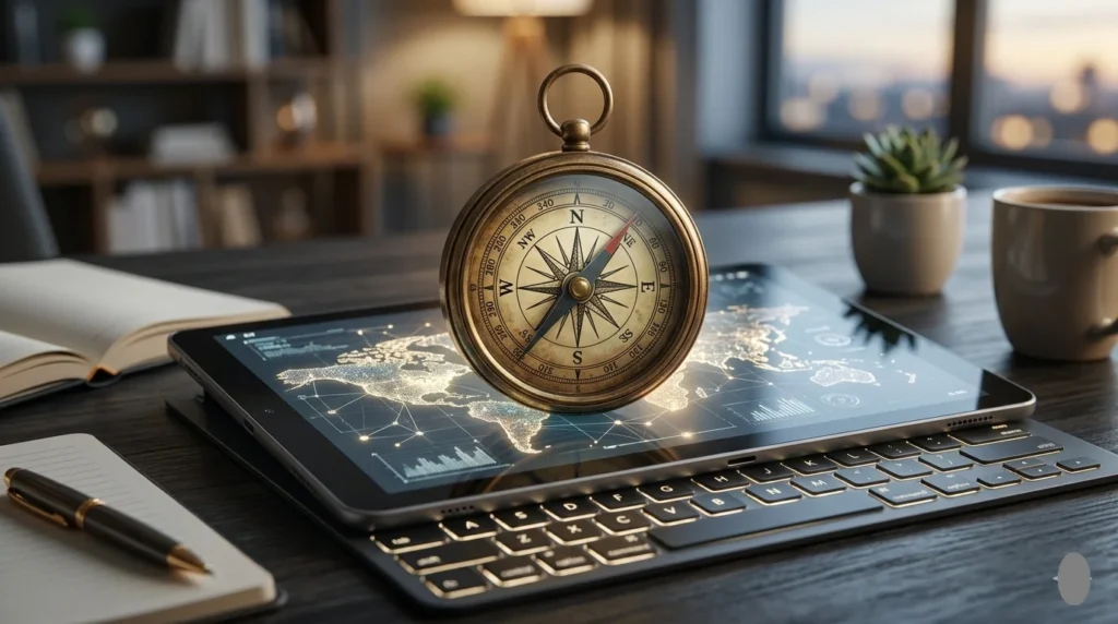 an old compass on the top of the laptop