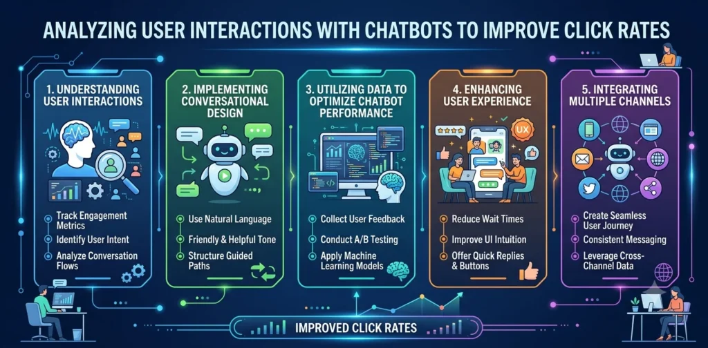 A detailed infographic titled "ANALYZING USER INTERACTIONS WITH CHATBOTS TO IMPROVE CLICK RATES," presenting a five-step process
