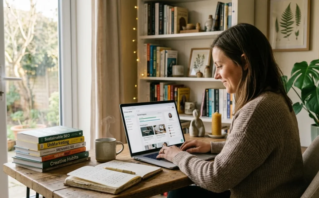 a woman working at her table looking at her computer with files beside her