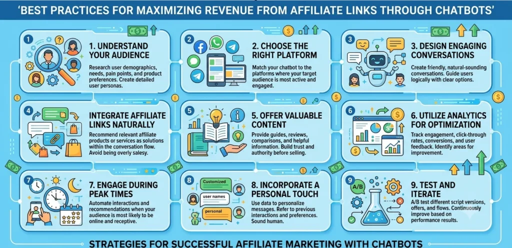A nine-step infographic illustrating "Best Practices for Maximizing Revenue from Affiliate Links through Chatbots." Each step features a numbered blue box with an icon and action