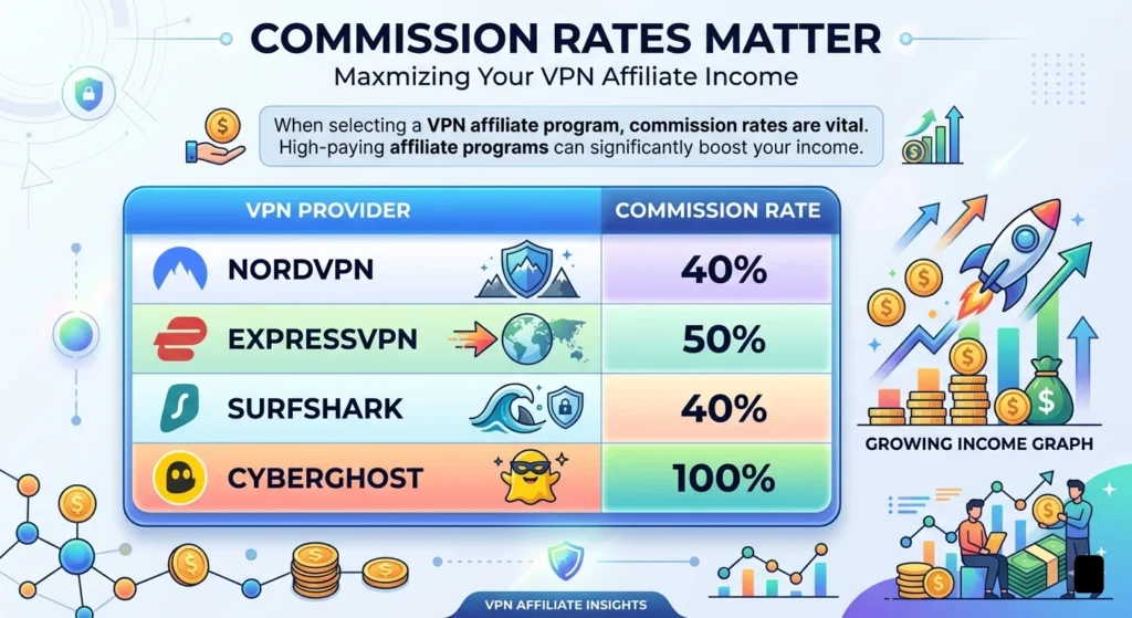 A clean infographic titled 'COMMISSION RATES MATTER' comparing VPN affiliate commission rates. A table shows values for specific providers: NordVPN (40%), ExpressVPN (50%), Surfshark (40%), CyberGhost (100%). Surrounding illustrations show money, data, and increasing wealth graphs, emphasizing income boost.