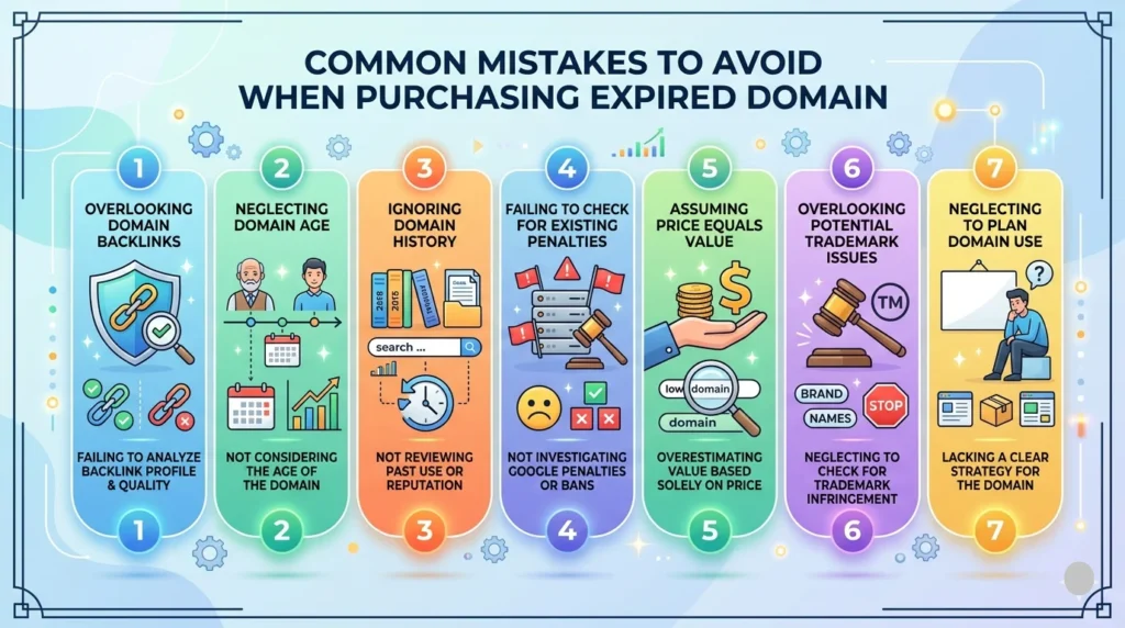 A horizontal, 16:9 infographic titled "COMMON MISTAKES TO AVOID WHEN PURCHASING EXPIRED DOMAIN" features seven numbered, pastel-colored vertical columns. Each column details a mistake with matching vector illustrations and explanatory text: 1) Overlooking Domain Backlinks, 2) Neglecting Domain Age, 3) Ignoring Domain History, 4) Failing to Check for Existing Penalties, 5) Assuming Price Equals Value, 6) Overlooking Potential Trademark Issues, and 7) Neglecting to Plan Domain Use.