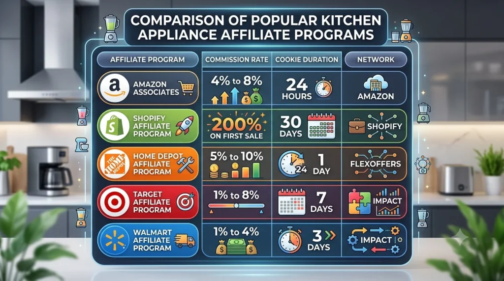 Infographic titled "Comparison of Popular Kitchen Appliance Affiliate Programs," showing a table with commission rates, cookie durations, and networks for Amazon, Shopify, Home Depot, Target, and Walmart.