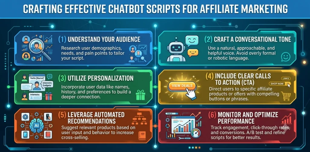 An infographic titled "Crafting Effective Chatbot Scripts for Affiliate Marketing" outlines six best practices using distinct, color-coded panels and vector icons.
