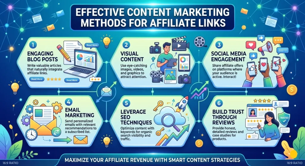 An infographic with six numbered panels shows "Effective Content Marketing Methods for Affiliate Links" with modern illustrations and icons for blog posts, visual content, social media, email marketing, SEO techniques, and reviews