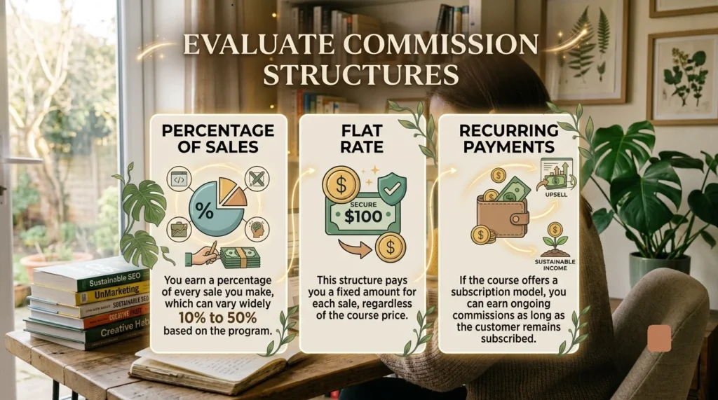 An infographic titled "Evaluate Commission Structures" illustrating percentage, flat rate, and recurring payment models on a workspace background.