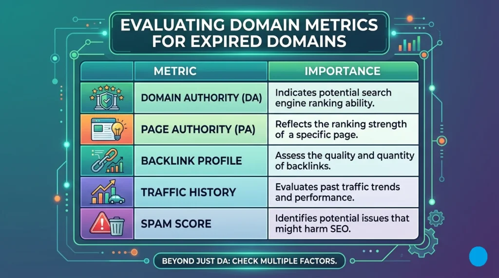 An infographic table with a clean teal and green digital design, titled 'EVALUATING DOMAIN METRICS FOR EXPIRED DOMAINS'. It lists five metrics and their importance: Domain Authority (DA) with a shield icon for ranking ability, Page Authority (PA) with a lamp icon for specific page strength, Backlink Profile with a chain icon for link quality, Traffic History with a chart icon for past performance, and Spam Score with a warning icon for potential SEO harm.