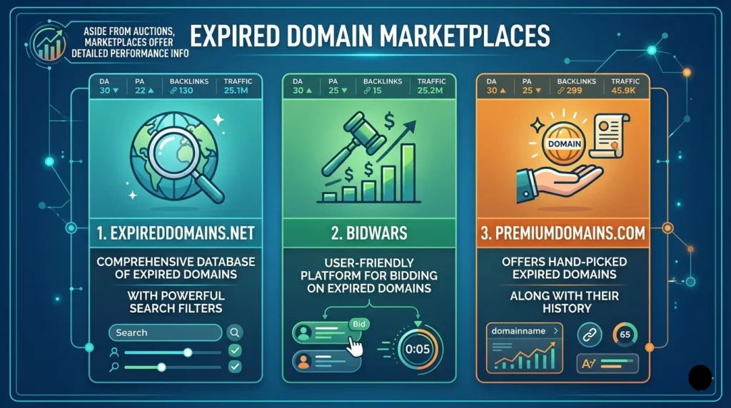 An informative infographic titled 'EXPIRED DOMAIN MARKETPLACES' featuring a comparison of three major platforms: ExpiredDomains.net, BidWars, and PremiumDomains.com, each with descriptive text, icons, and detailed performance metrics like Domain Authority and Backlink Count.