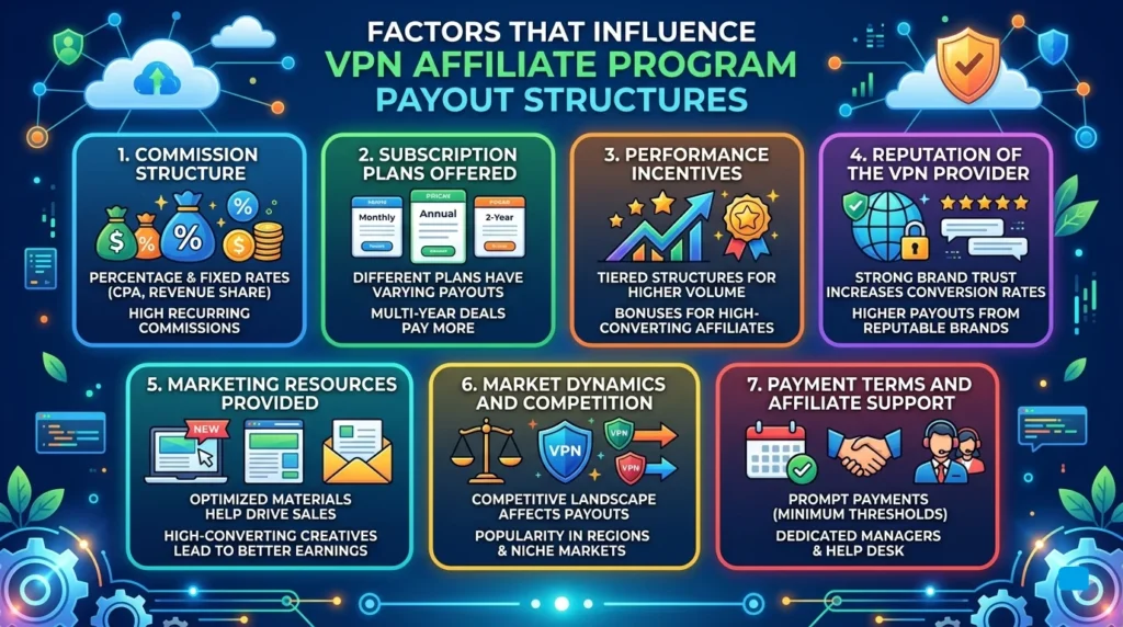 A horizontal infographic with a modern digital style and colorful panels, titled "FACTORS THAT INFLUENCE VPN AFFILIATE PROGRAM PAYOUT STRUCTURES