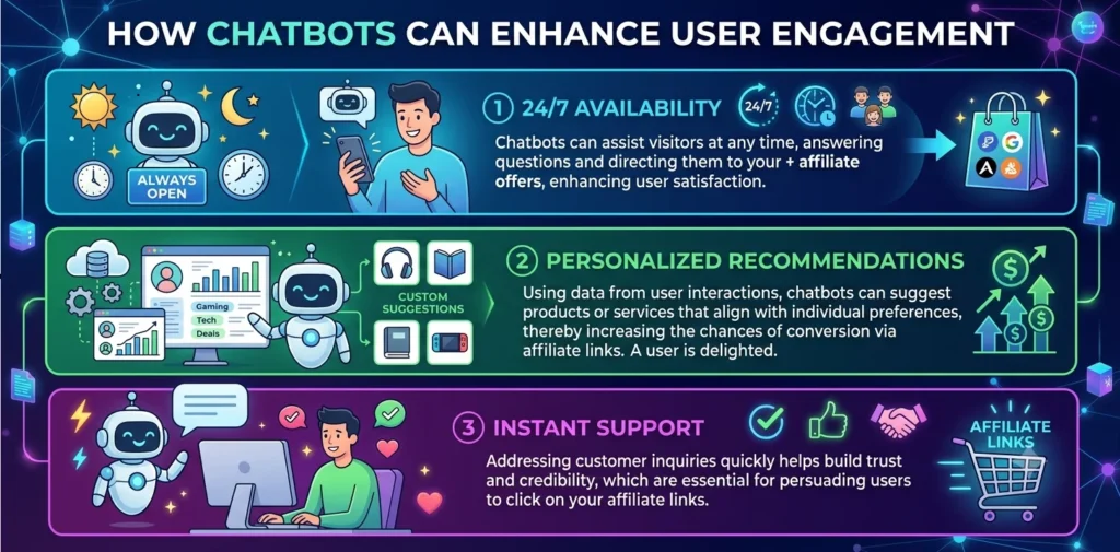 A modern digital infographic with three color-coded sections illustrating "How Chatbots Can Enhance User Engagement": 24/7 AVAILABILITY