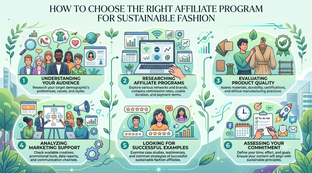 A 16:9 infographic titled "HOW TO CHOOSE THE RIGHT AFFILIATE PROGRAM FOR SUSTAINABLE FASHION" featuring six numbered, illustrated steps: (1) UNDERSTANDING YOUR AUDIENCE, (2) RESEARCHING AFFILIATE PROGRAMS, (3) EVALUATING PRODUCT QUALITY, (4) ANALYZING MARKETING SUPPORT, (5) LOOKING FOR SUCCESSFUL EXAMPLES, and (6) ASSESSING YOUR COMMITMENT