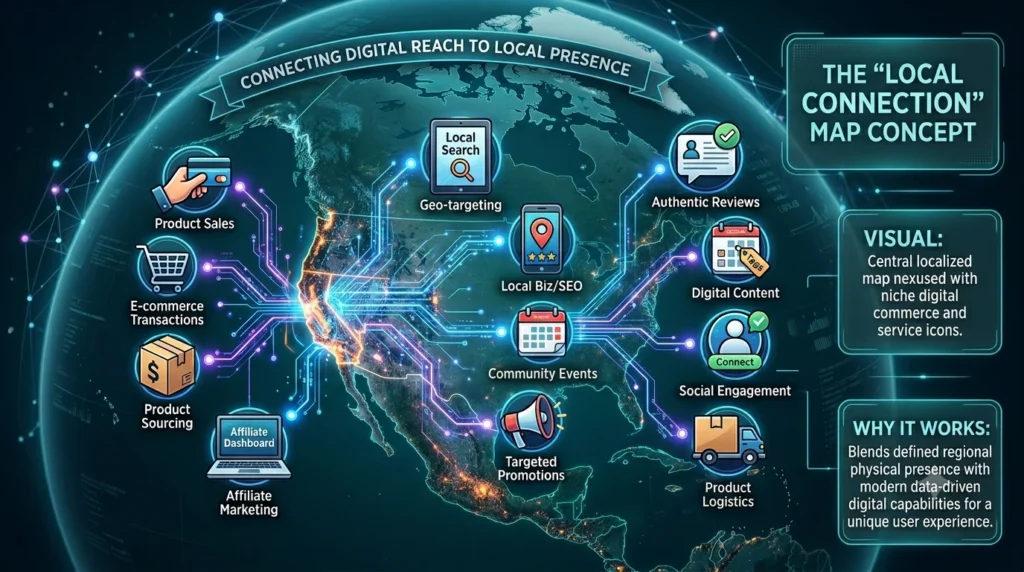 Digital infographic titled "The 'Local Connection' Map Concept," illustrating the integration of local regional data with digital affiliate marketing tools, including icons for geo-targeting, product sales, and community engagement.