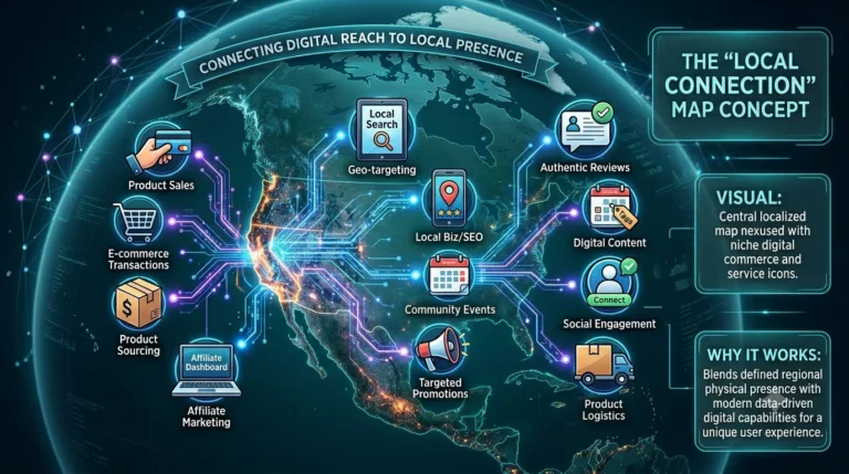 Digital infographic titled "The 'Local Connection' Map Concept," illustrating the integration of local regional data with digital affiliate marketing tools, including icons for geo-targeting, product sales, and community engagement.