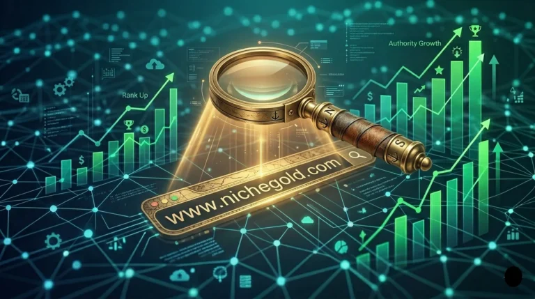 a golden magnifying glass focusing on the www.nichegold.com