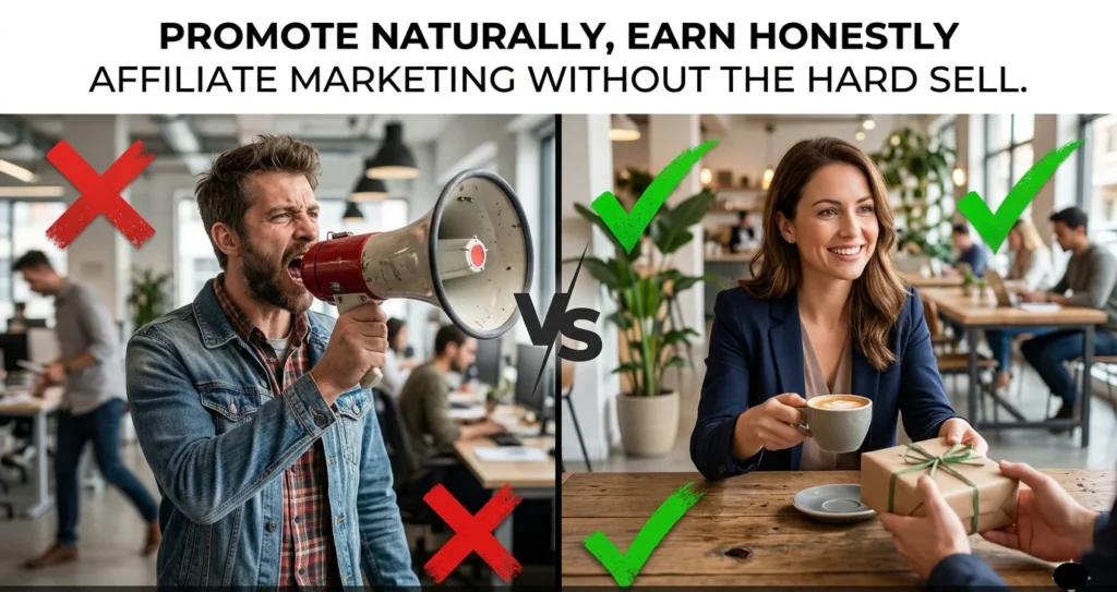 Split-screen comparison showing a pushy salesman shouting into a megaphone with a red X on the left, versus a smiling professional offering coffee and a gift with a green checkmark on the right, under text reading "Promote Naturally, Earn Honestly."