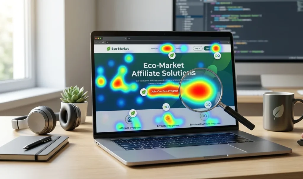 A sleek laptop on a desk displaying a webpage heatmap with vibrant red and blue interaction zones, focused through a magnifying glass.