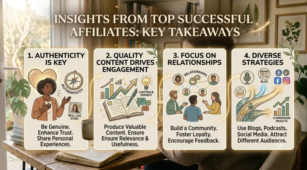 An infographic titled "Insights from Top Successful Affiliates: Key Takeaways" illustrating four strategies—authenticity, quality content, relationships, and diverse strategies—on a workspace background.