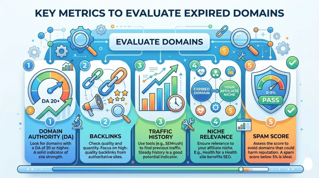 A modern infographic with five colored, numbered columns titled "KEY METRICS TO EVALUATE EXPIRED DOMAINS". Each column has an icon, a title, and descriptive text: 1) DOMAIN AUTHORITY (DA) with a gauge and 'DA 20+'; 2) BACKLINKS with linking chains and stars; 3) TRAFFIC HISTORY with a rising bar graph; 4) NICHE RELEVANCE with icons showing 'EXPIRED DOMAIN' to 'YOUR AFFILIATE NICHE'; 5) SPAM SCORE with a shield showing a gauge and 'PASS' (0-5%). Small decorative search icons and connecting lines surround the design.