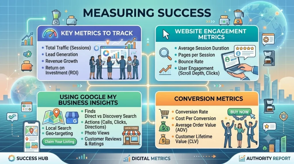 An infographic titled "MEASURING SUCCESS" presented in a modern, illustrative style. It features four distinct color-coded panels
