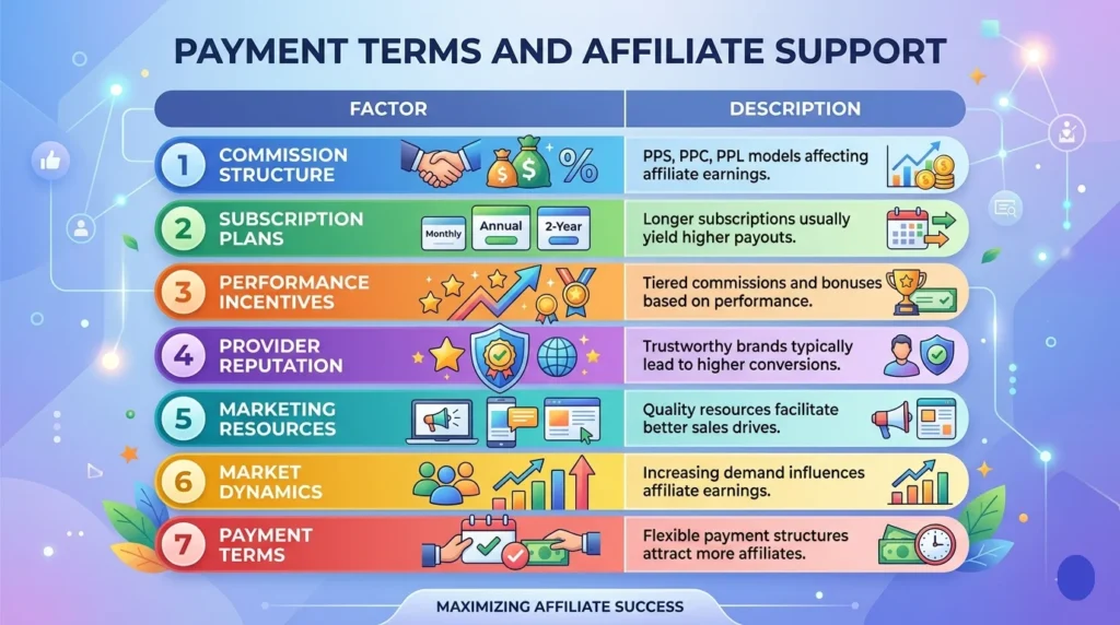 A clean, modern infographic table titled "Payment Terms and Affiliate Support" features seven colored rows detailing factors like Commission Structure, Subscription Plans, and Provider Reputation, each accompanied by small icons and a description.