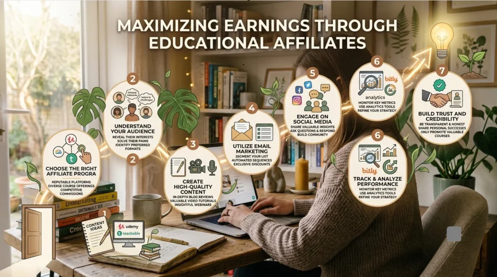 An infographic titled "Maximizing Earnings Through Educational Affiliates" illustrating seven key strategies overlaid on a cozy workspace background.
