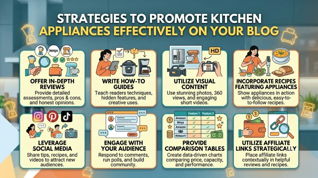 Infographic titled "Strategies to Promote Kitchen Appliances Effectively on Your Blog," featuring eight illustrated steps for affiliate marketing success, such as offering in-depth reviews and incorporating recipes.