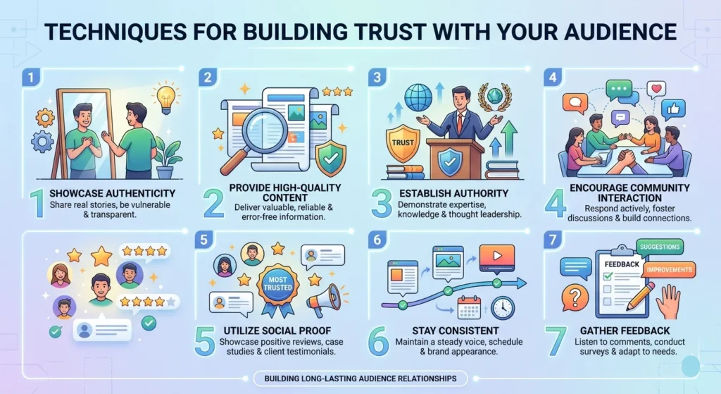An infographic titled "Techniques for Building Trust with Your Audience" features seven numbered blocks with clean, colorful illustrations and brief descriptions: 1) Showcase Authenticity, 2) Provide High-Quality Content, 3) Establish Authority, 4) Encourage Community Interaction, 5) Utilize Social Proof, 6) Stay Consistent, and 7) Gather Feedback.