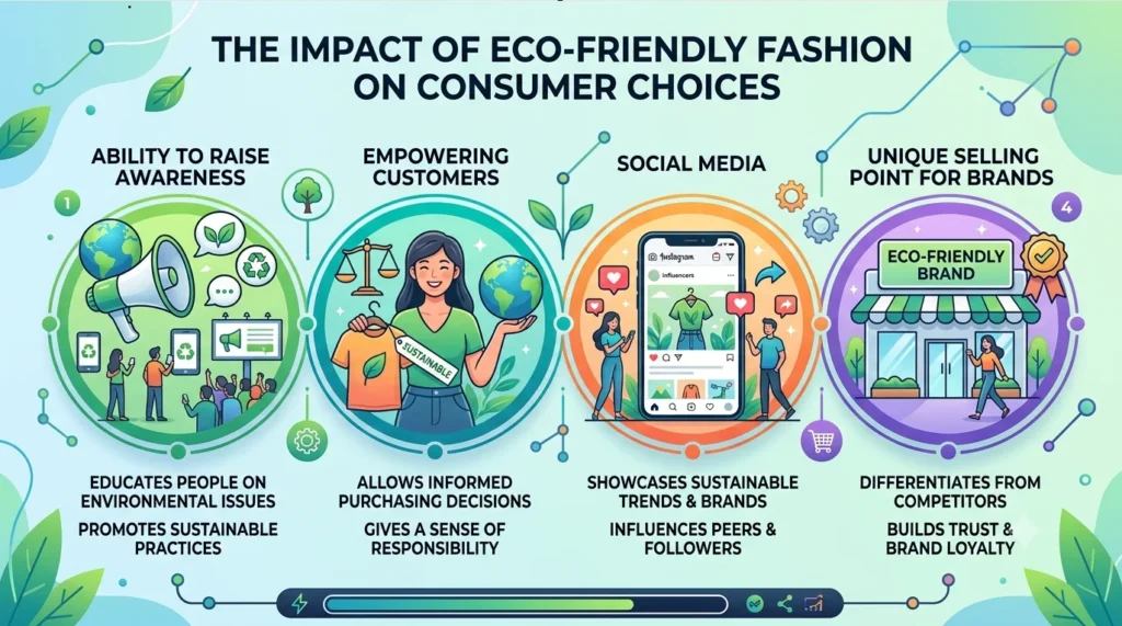 A 16:9 infographic titled "THE IMPACT OF ECO-FRIENDLY FASHION ON CONSUMER CHOICES" presenting four key points: (1) RAISES AWARENESS, (2) EMPOWERS CUSTOMERS, (3) SOCIAL MEDIA, and (4) UNIQUE BRAND POINT