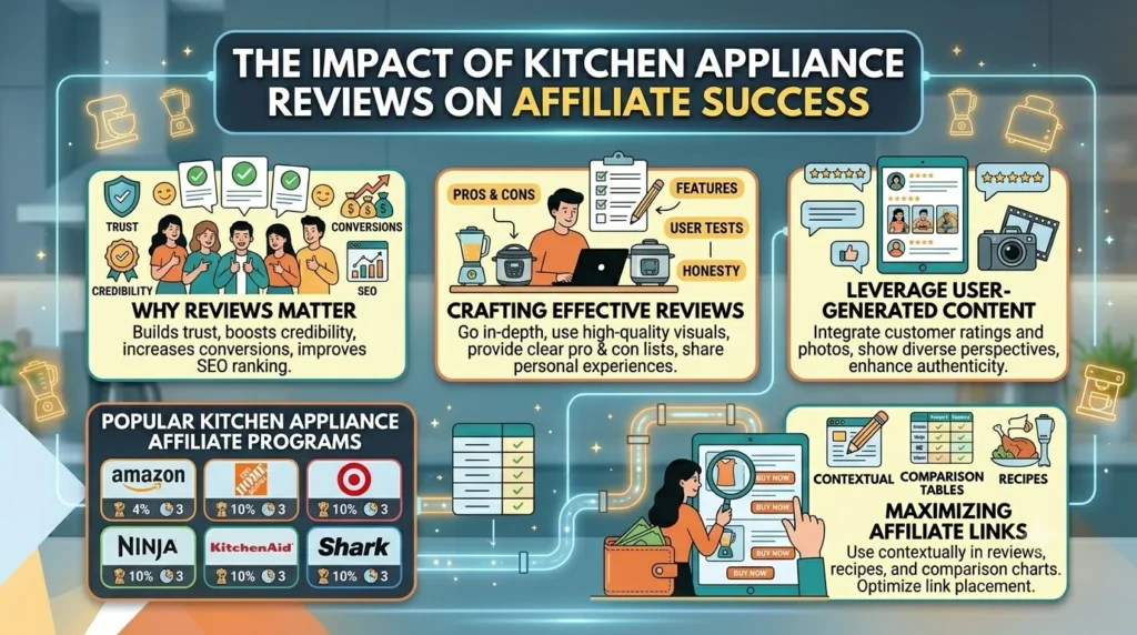 Infographic titled "The Impact of Kitchen Appliance Reviews on Affiliate Success" showing strategies for creating effective reviews, leveraging user-generated content, and maximizing affiliate links.