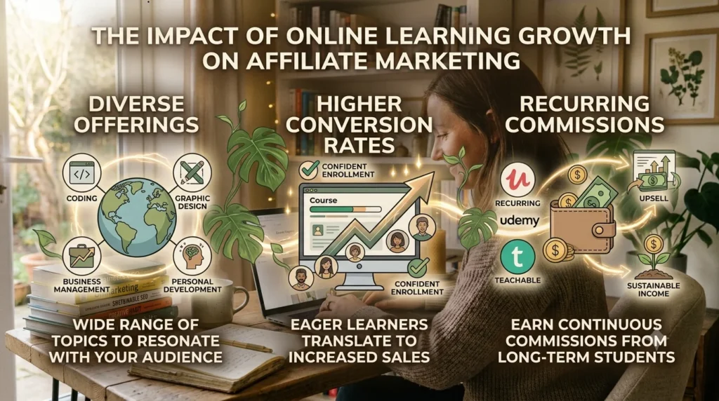 An infographic titled "The Impact of Online Learning Growth on Affiliate Marketing" highlighting diverse offerings, conversion rates, and recurring commissions on a workspace background.