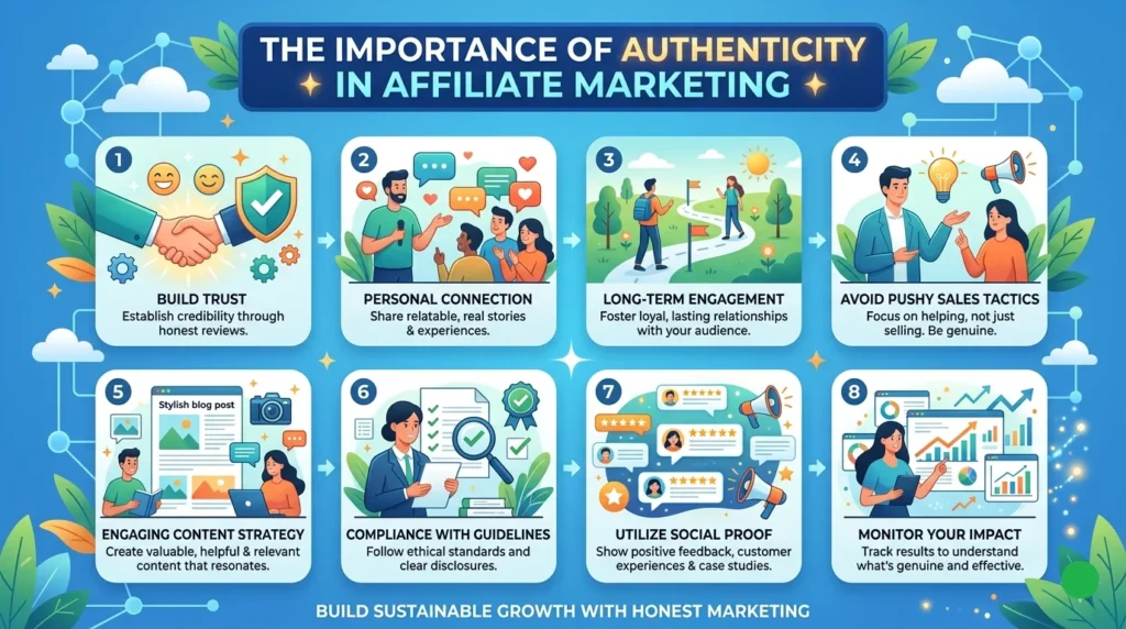 An infographic titled "The Importance of Authenticity in Affiliate Marketing" features eight numbered panels with clean, colorful illustrations: 1) Build Trust, 2) Personal Connection, 3) Long-Term Engagement, 4) Avoid Pushy Sales Tactics, 5) Engaging Content Strategy, 6) Compliance with Guidelines, 7) Utilize Social Proof, and 8) Monitor Your Impact.