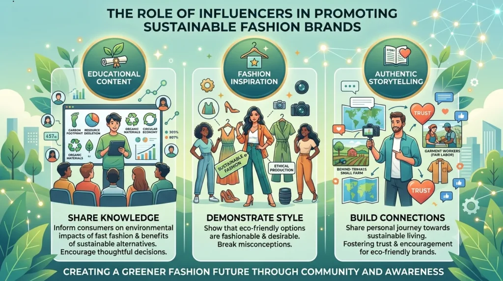 A 16:9 infographic titled "THE ROLE OF INFLUENCERS IN PROMOTING SUSTAINABLE FASHION BRANDS" featuring three illustrated sections: (1) EDUCATIONAL CONTENT, (2) FASHION INSPIRATION, and (3) AUTHENTIC STORYTELLING