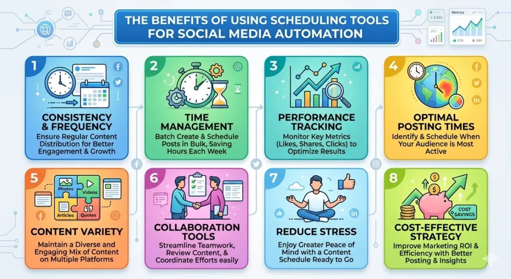 infographic image of The benefits of using scheduling tools for social media automation
