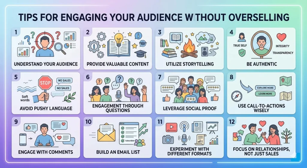 A clean infographic titled "Tips for Engaging Your Audience Without Overselling" features 12 numbered panels with colorful icons and brief descriptions, such as: Understand Your Audience, Provide Valuable Content, Be Authentic, and Avoid Pushy Language.