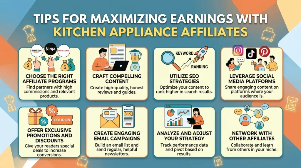 Infographic titled "Tips for Maximizing Earnings with Kitchen Appliance Affiliates," featuring eight illustrated steps for affiliate marketing success.