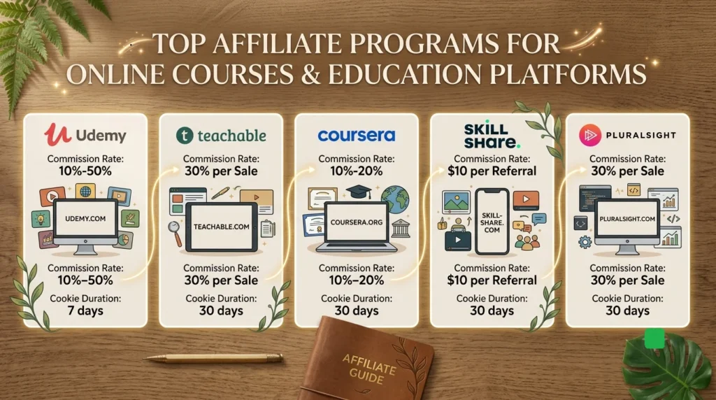A neat comparison infographic of top affiliate programs for online courses, with logos and commissions.