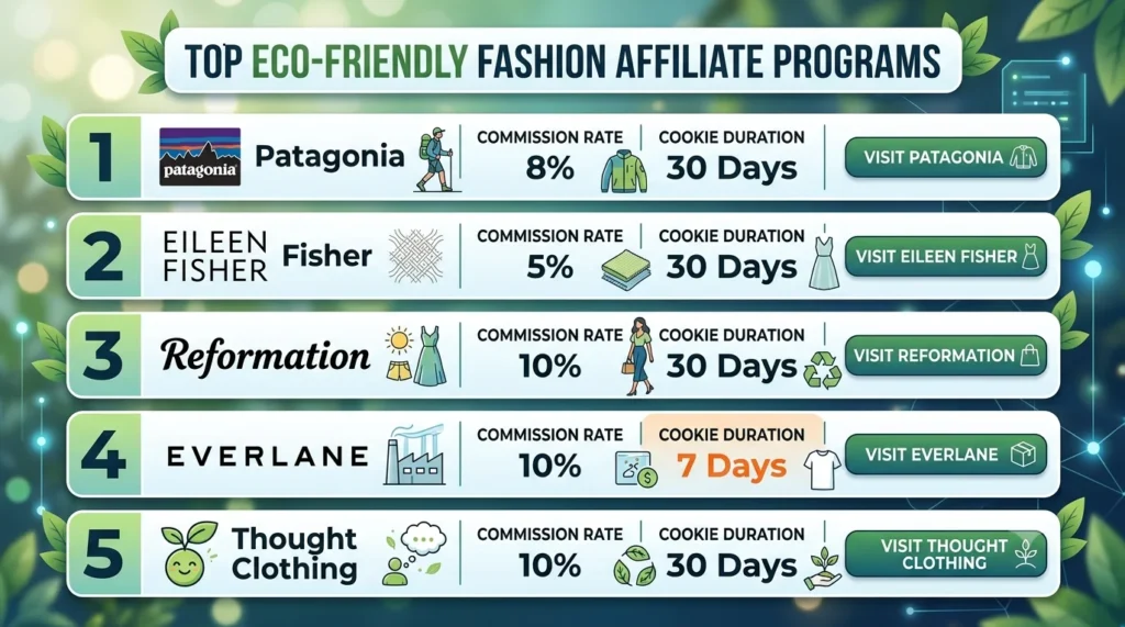 An infographic titled "TOP ECO-FRIENDLY FASHION AFFILIATE PROGRAMS" listing five brands with their Commission Rate, Cookie Duration, and a call-to-action button