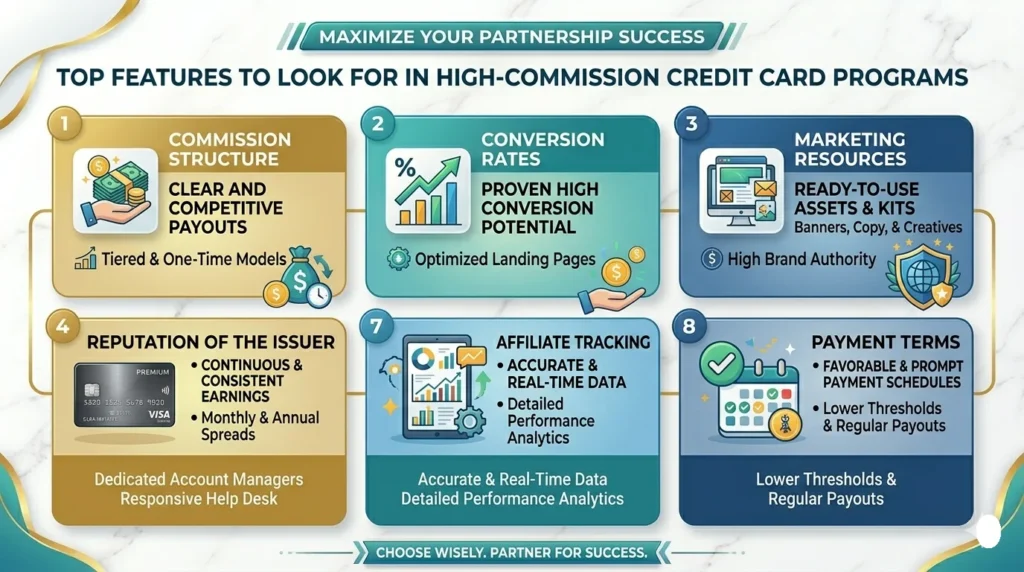infographic of Top Features to Look for in High-Commission Credit Card Programs