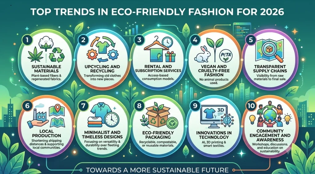 A 16:9 infographic titled "TOP TRENDS IN ECO-FRIENDLY FASHION FOR 2026" displaying ten numbered, circular icons with brief descriptions for each