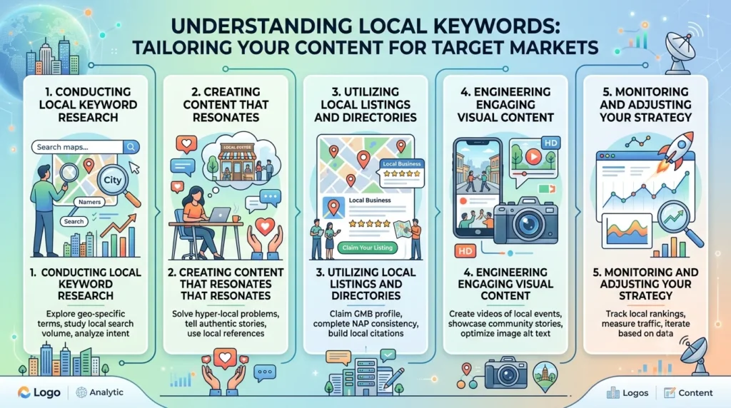 A vibrant infographic titled 'UNDERSTANDING LOCAL KEYWORDS: TAILORING YOUR CONTENT FOR TARGET MARKETS' detailing a five-step process: CONDUCTING LOCAL KEYWORD RESEARCH, CREATING CONTENT THAT RESONATES, UTILIZING LOCAL LISTINGS AND DIRECTORIES, ENGINEERING ENGAGING VISUAL CONTENT, and MONITORING AND ADJUSTING YOUR STRATEGY.