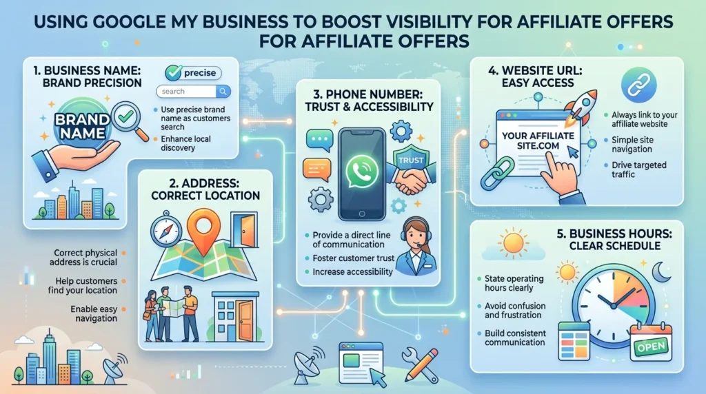 An infographic titled "USING GOOGLE MY BUSINESS TO BOOST VISIBILITY FOR AFFILIATE OFFERS" presenting five key steps for local search optimization: 1. Business Name: Brand Precision, 2. Address: Correct Location, 3. Phone Number: Trust & Accessibility, 4. Website URL: Easy Access, and 5. Business Hours: Clear Schedule, each with illustrative icons and explanatory text.