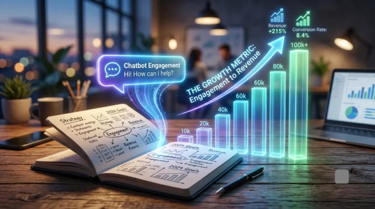 A glowing chatbot bubble rises from a handwritten notebook and transforms into an upward-trending bar graph representing business growth