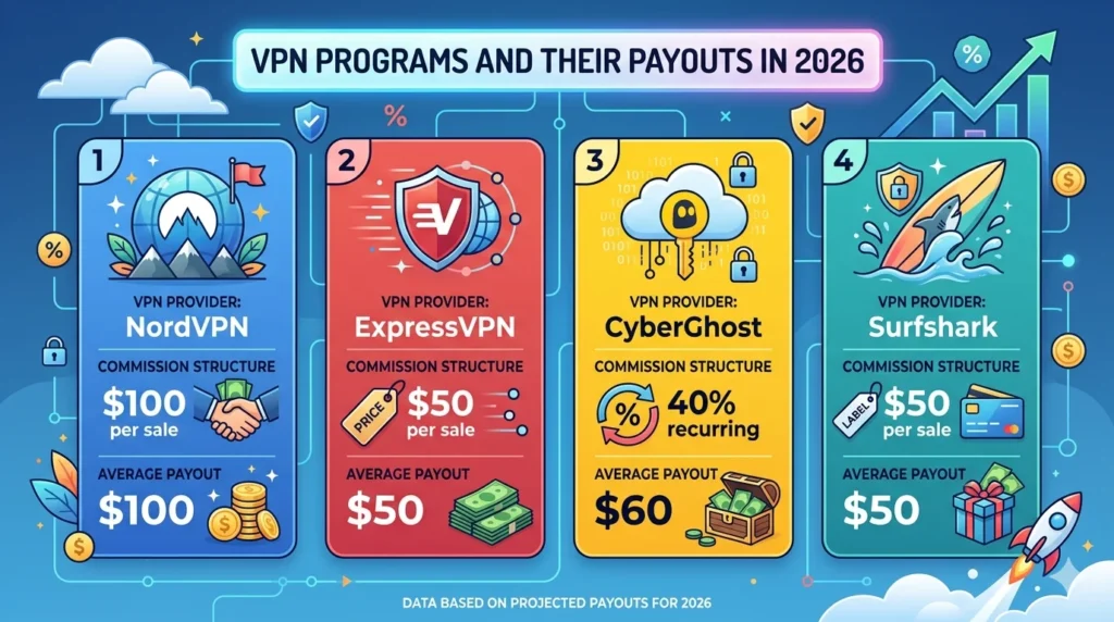 An infographic table titled "TOP VPN AFFILIATE PROGRAM DETAILS" comparing commission rates and cookie durations. The table has four rows