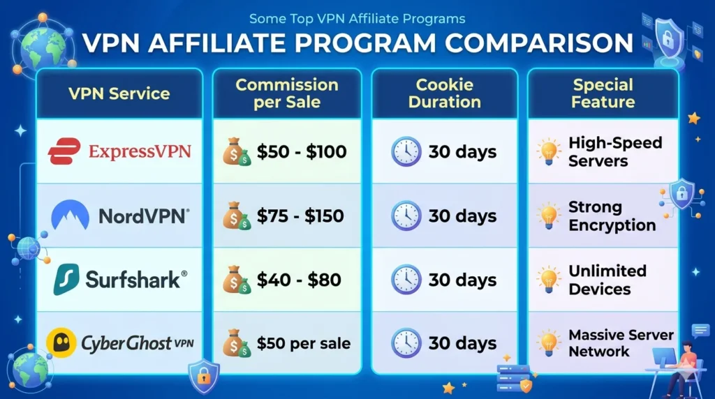 A clean, horizontal infographic titled 'VPN PROGRAMS AND THEIR PAYOUTS IN 2026' comparing four providers with distinct colorful panels and icons. From left to right: NordVPN (Blue) shows a handshake with '$100 PER SALE' and '$100' average