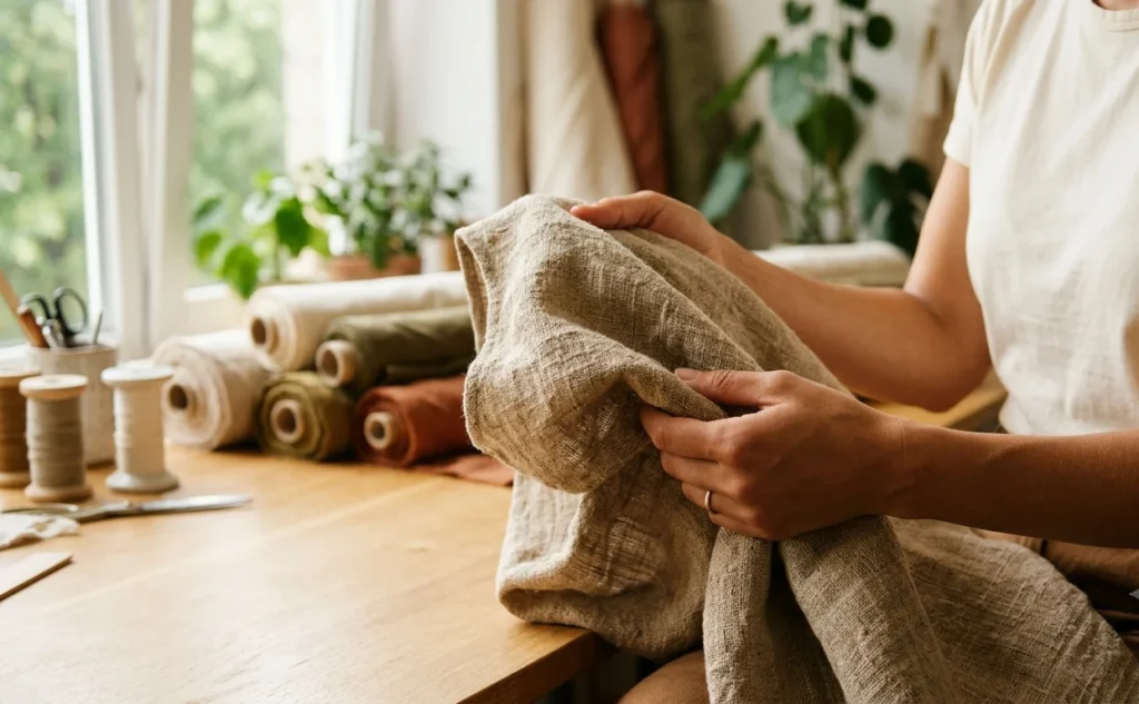 A high-quality, close-up photograph in a 16:9 ratio, showing a person's hands holding a piece of clothing with a visible, eco-friendly fabric texture like organic linen or textured cotton, symbolizing the tactile side of ethical fashion. The background is softly blurred.
