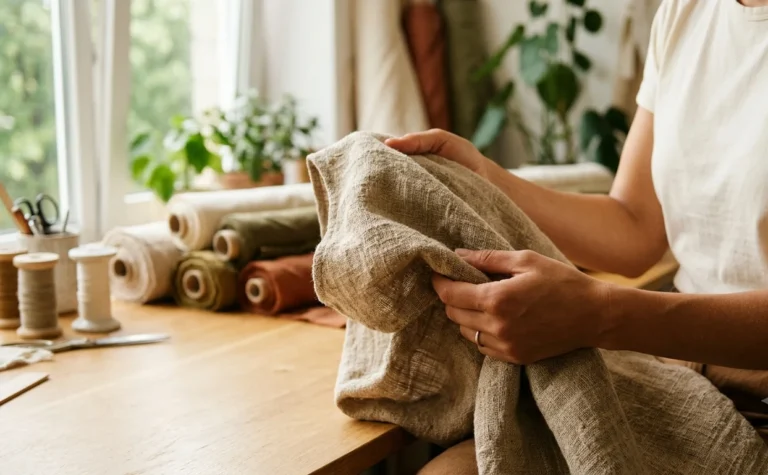 A high-quality, close-up photograph in a 16:9 ratio, showing a person's hands holding a piece of clothing with a visible, eco-friendly fabric texture like organic linen or textured cotton, symbolizing the tactile side of ethical fashion. The background is softly blurred.