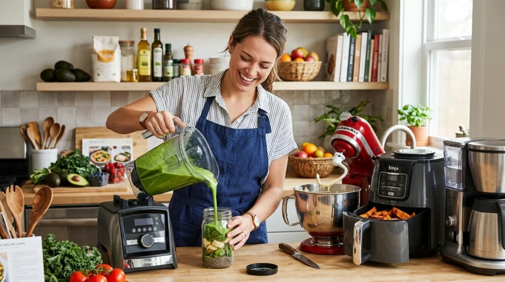 A woman in a blue apron pouring a green smoothie into a jar in a kitchen