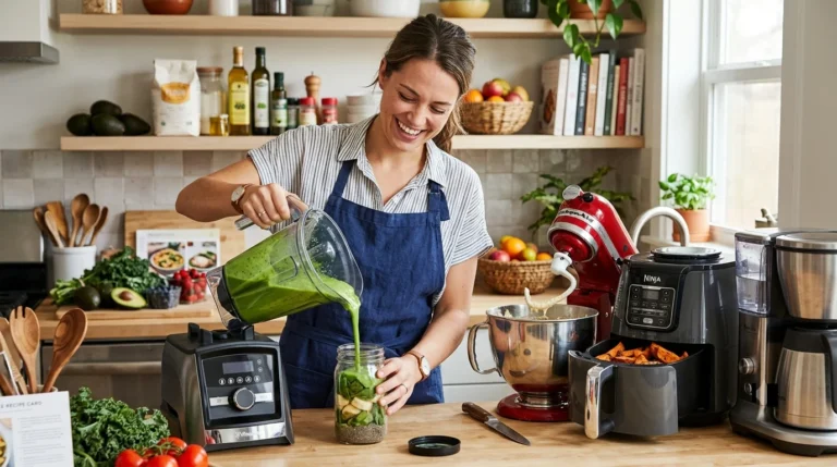 A woman in a blue apron pouring a green smoothie into a jar in a kitchen