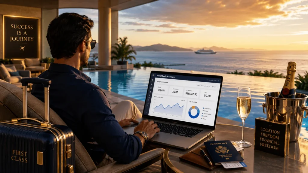 a man looking at the computer while sunset is setting outside