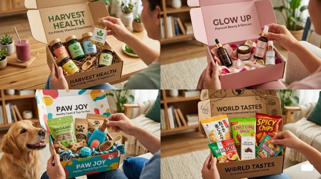 four distinct subscription boxes being opened by hand, showcasing health, beauty, pet, and gourmet snack niches.